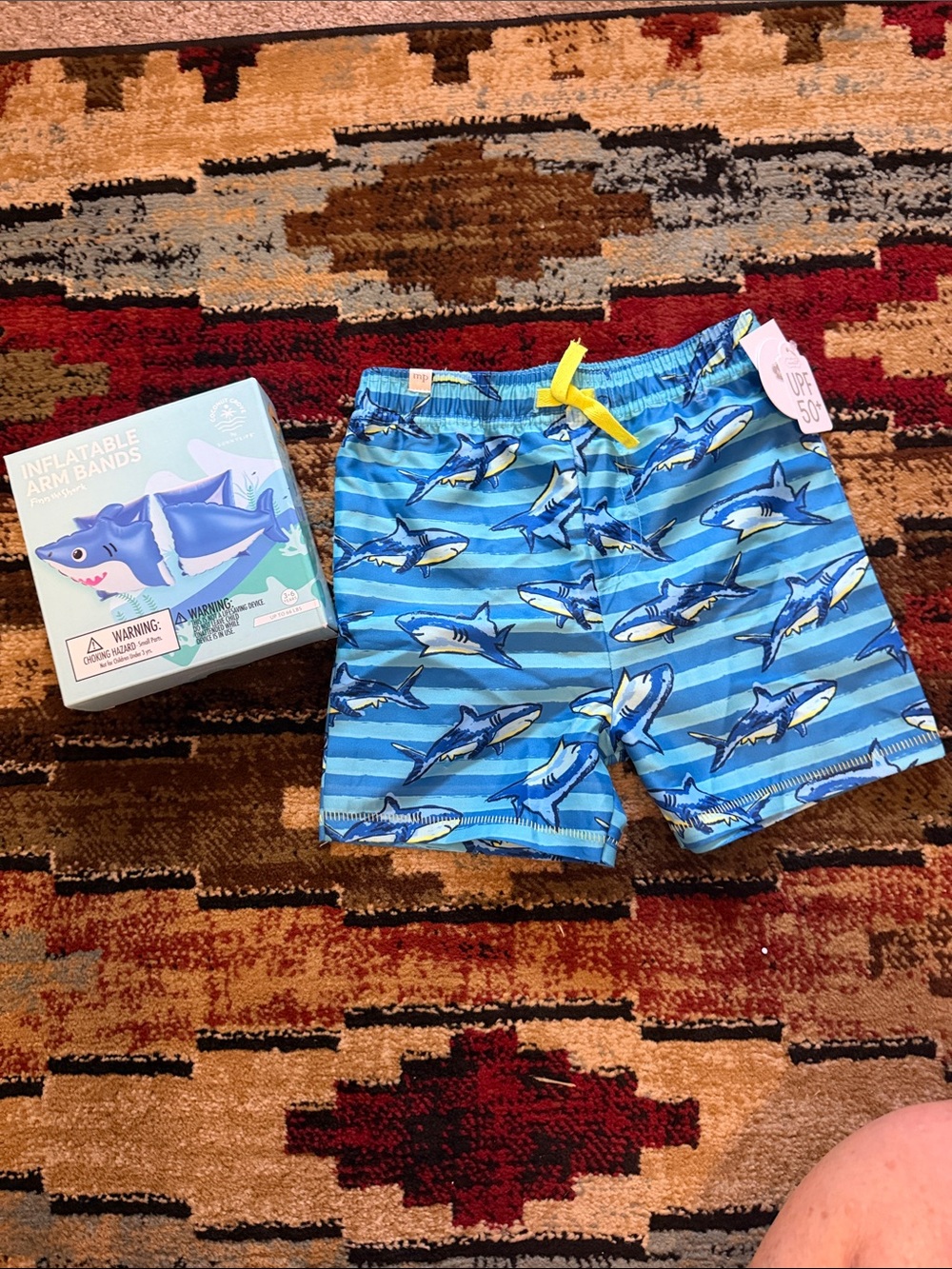 Mudpie Shark Print Boys Swim Trunks Blue with matching Inflatable Arm Bands.NWT